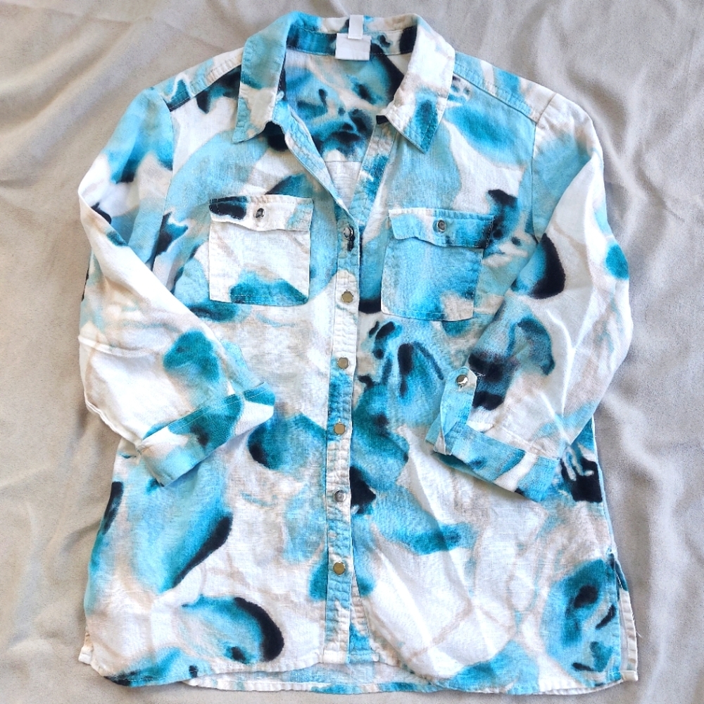 JM Collection Floral Abstract Blue White Linen Button Up 3/4 Sleeve, 4P